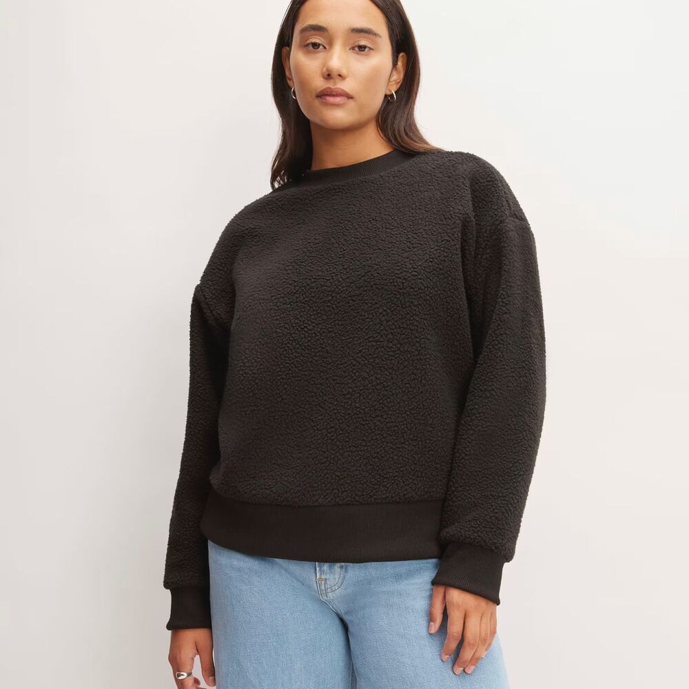 EVERLANE The ReNew Fleece Oversized Crew M Black Sherpa Pullover Long Sleeve B84